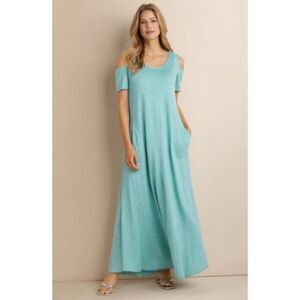 NWT Soft Surroundings Electra Cold Shoulder Maxi Dress Pockets Sky Blue Size PL